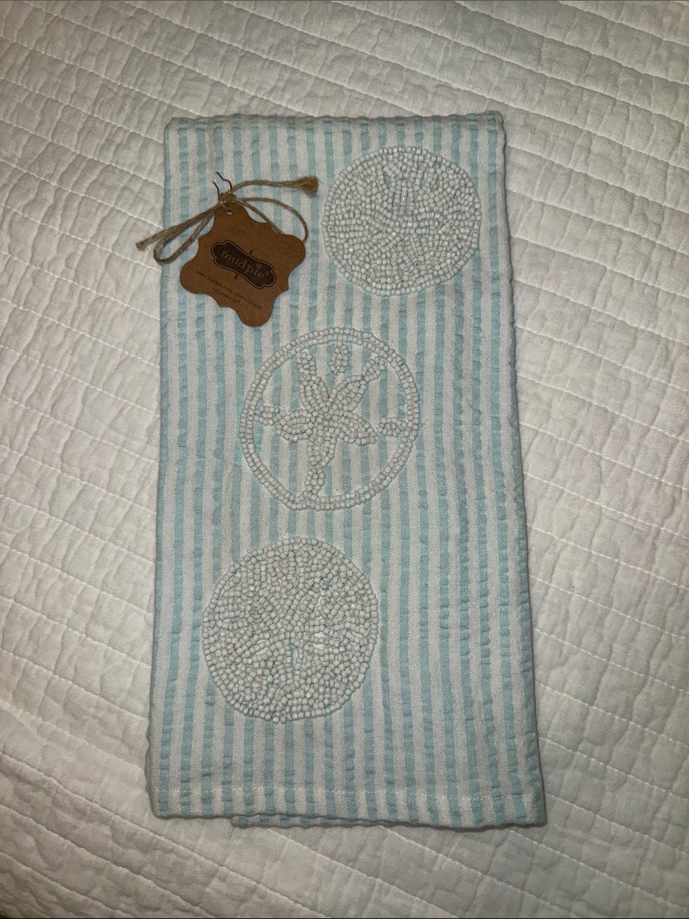 Mudpie Beaded Blue Stripe Sand Dollar Embroidered Hand Towel